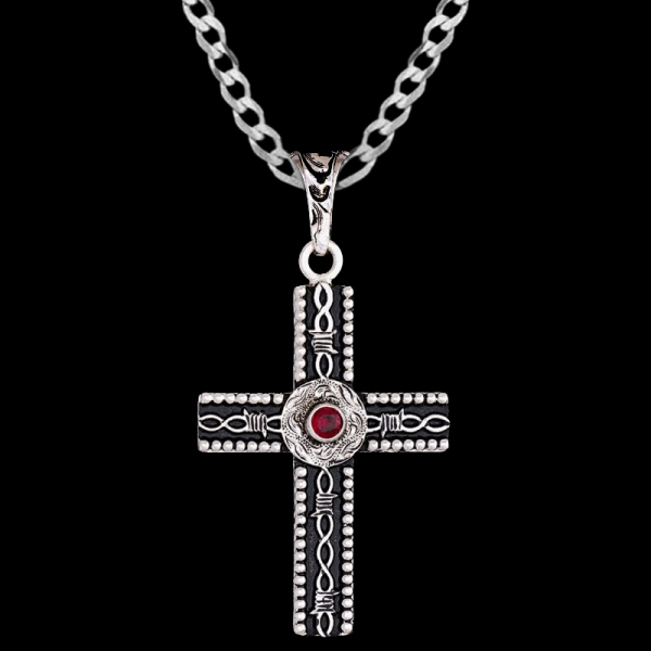 Celebrate faith with the Psalms Cross Pendant Necklace: a stunning german silver cross with beaded edge and barbed wire decor, adorned with a custom zirconia stone. Pair it with a sterlin silver chain now!

 